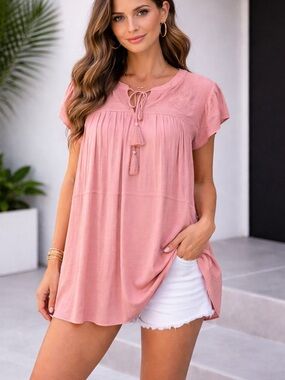 NWT Blush Pink Boho Tunic Top Tassel Tie Embroidered Flutter Sleeve PTP 21